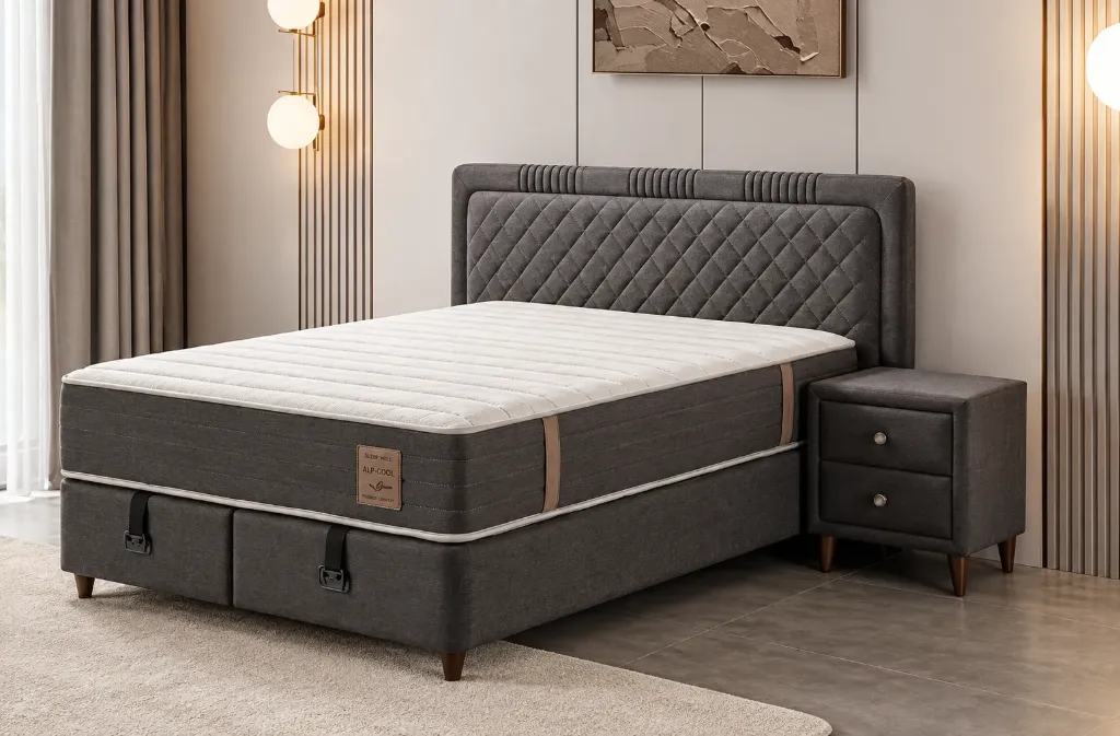 Active Dark Grey Bedset with Mattress, Base and Diagonal Pattern Headboard (120x200)