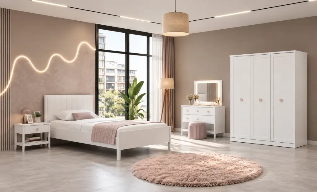Kure White Youth Room Furniture Set with 3 Door Wardrobe