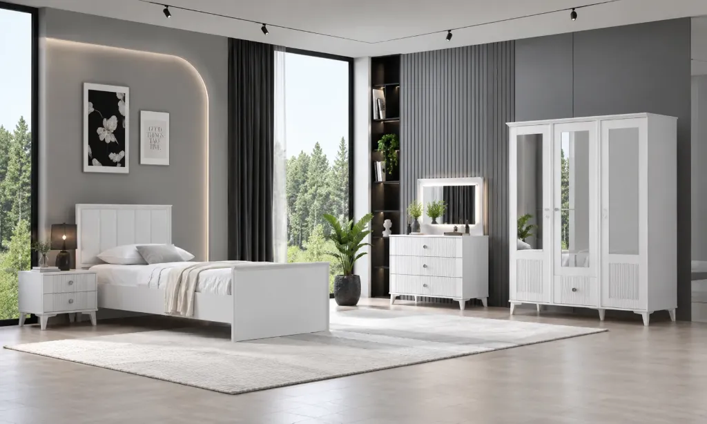 Snowy Youngroom White Youth Bedroom Furniture Set with 3 Door Wardrobe and 90 x 190 Bedstead (White)