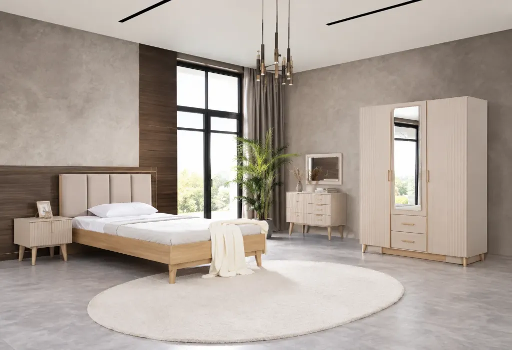 Bony Powder Cream Young Room Furniture Set with 3-Door Wardrobe and 90 x 190 Bedstead