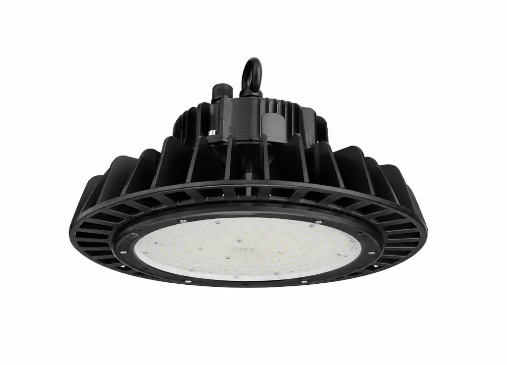 [301-310] Luminaire LED industriel rond noir pour haute baie avec boucle de suspension