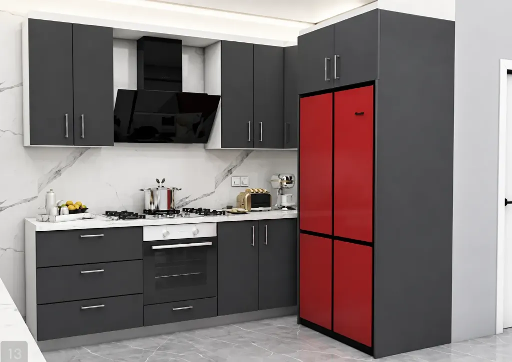 Dark Grey and Red Laminated MDF Kitchen Cabinet (Anthracite)