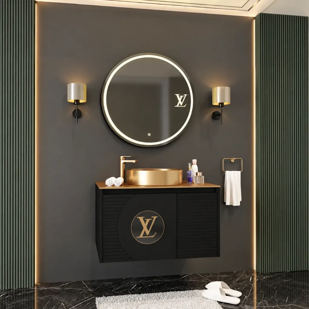 Meuble de salle de bain mural Louise 80 cm foncé avec vasque et miroir LED