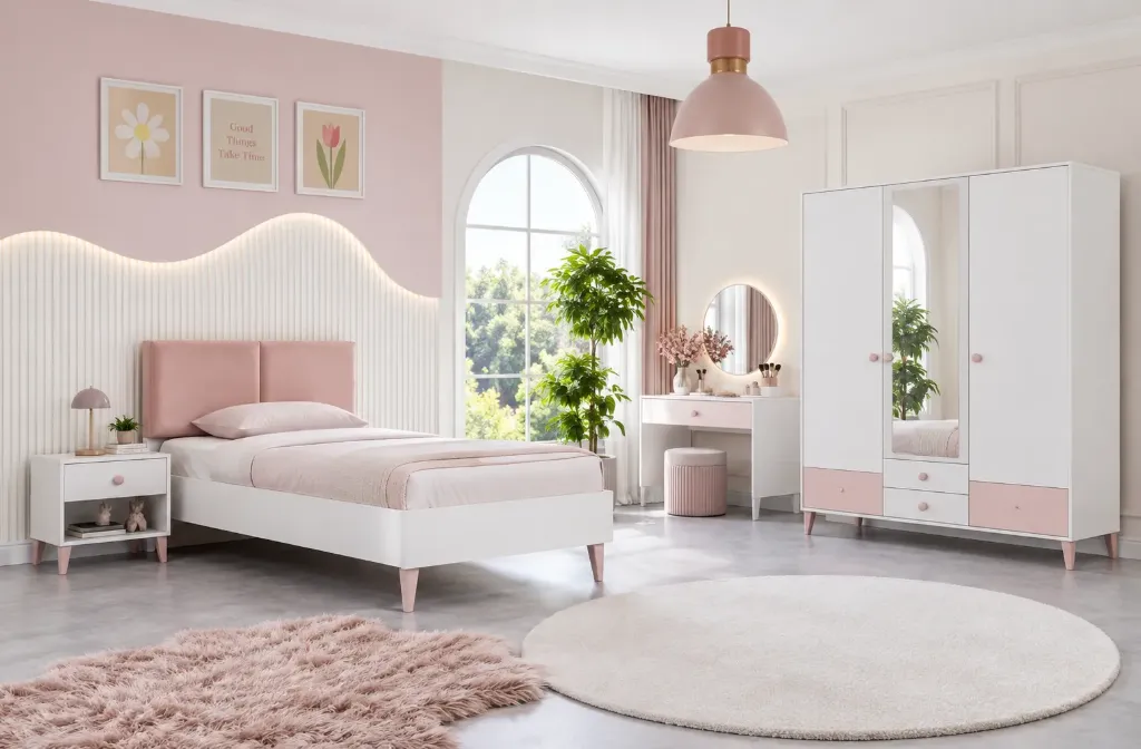 Ensemble de mobilier de chambre Flam Butter Milk Young avec armoire 3 portes et lit 90 x 190