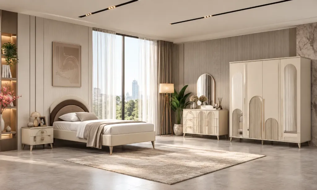 Saturn Beige Young Room Furniture Set with 3 Door Wardrobe and Bedstead