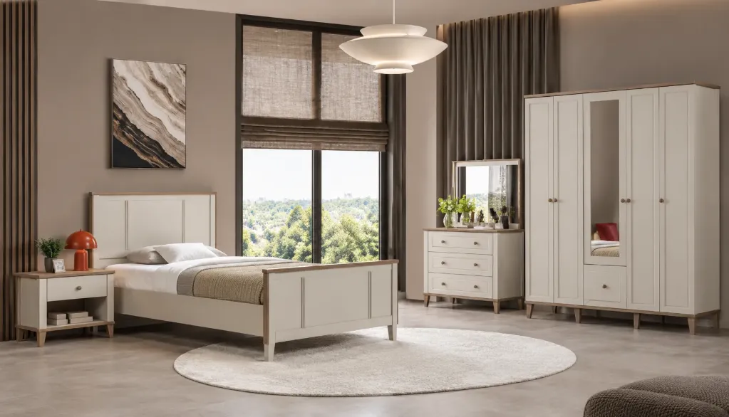 Ensemble de mobilier de chambre jeune Monaco en grès avec armoire 3 portes et lit 90 x 190