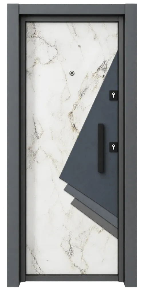 Ultram Series Exterior Door with Angular Accent Panel and Vertical Pull Handle