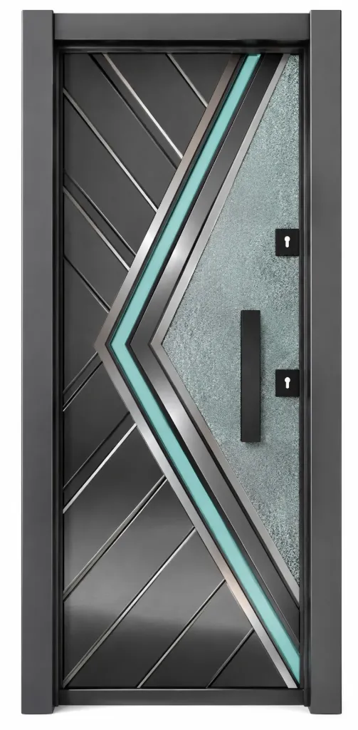 Ultram Series Dark Geometric Exterior Door with Vertical Pull Handle