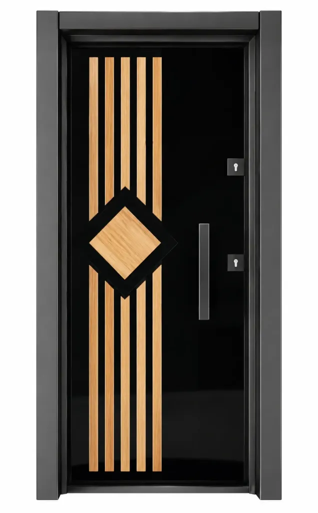 Embossed Series Black Exterior Door with Wood-Look Diamond Accent