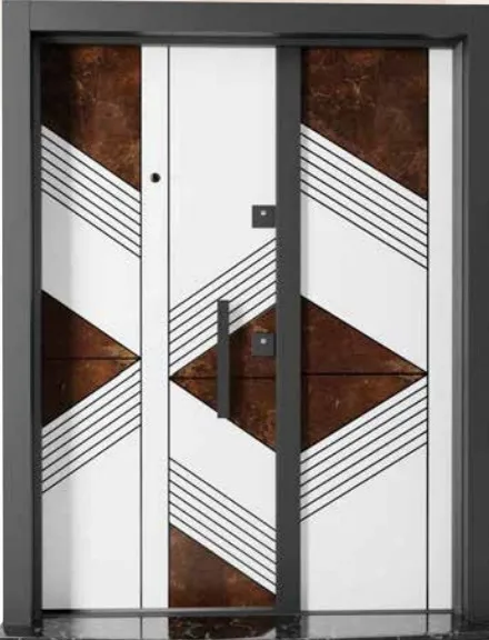 Exterior Door with Geometric White and Brown Design and Vertical Pull Handle