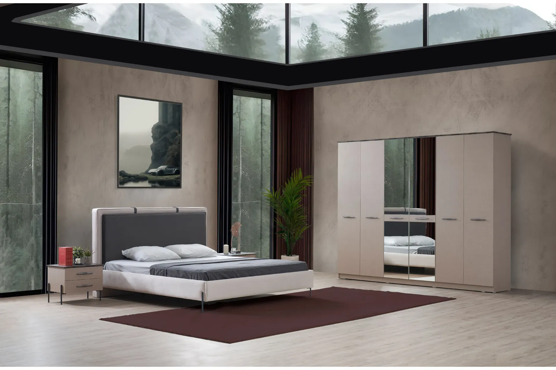 Ensemble de chambre Salvador Coton Beige et Lotus avec armoire miroir