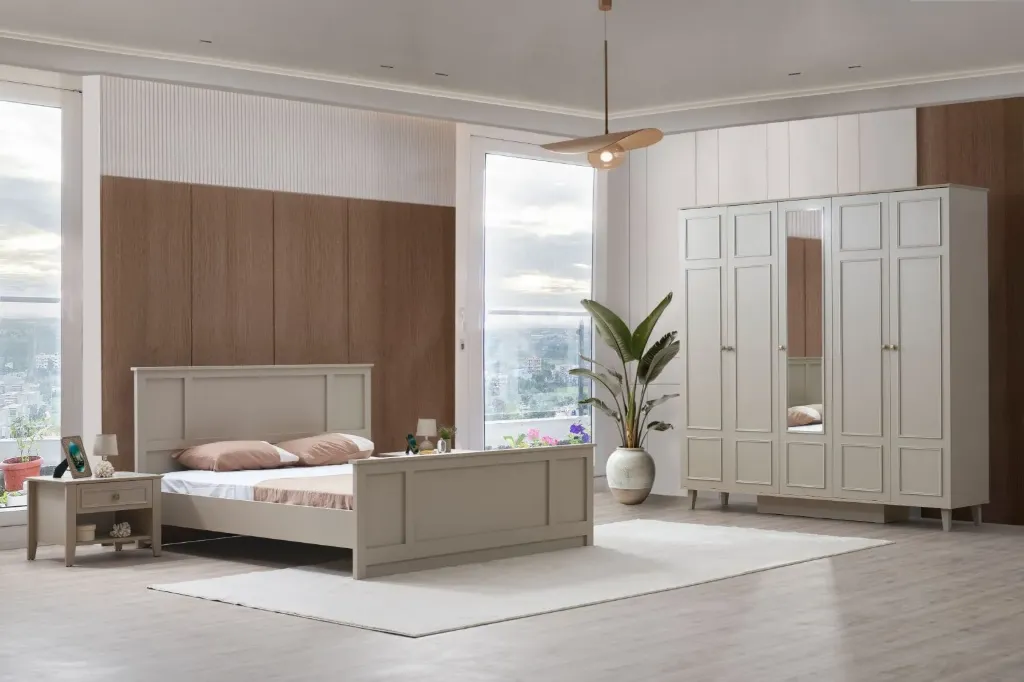 Ensemble complet de chambre Artani en grès avec lit à panneaux et armoire