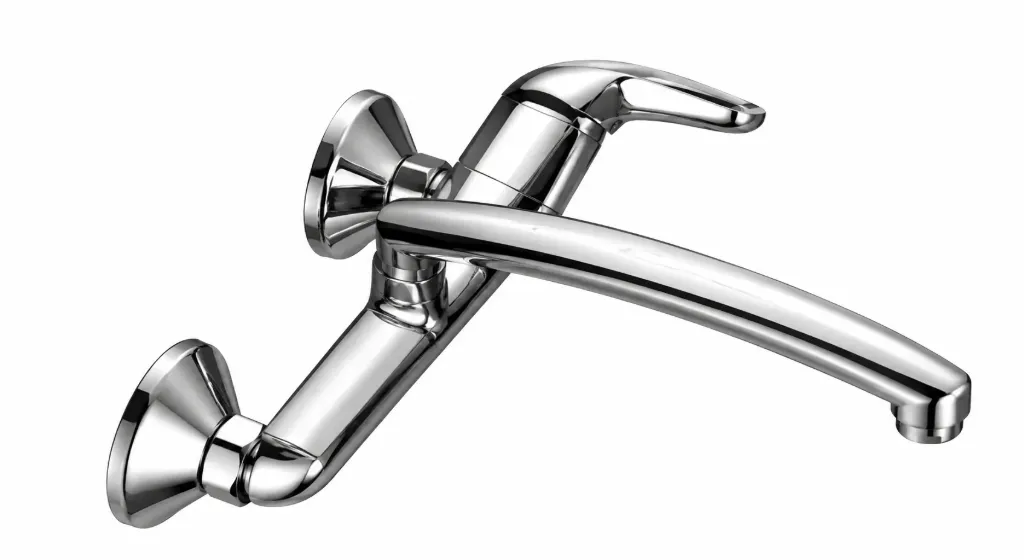 Adrio Chrome-Look Wall-Mounted Sink Faucet with Curved Spout and Top Lever