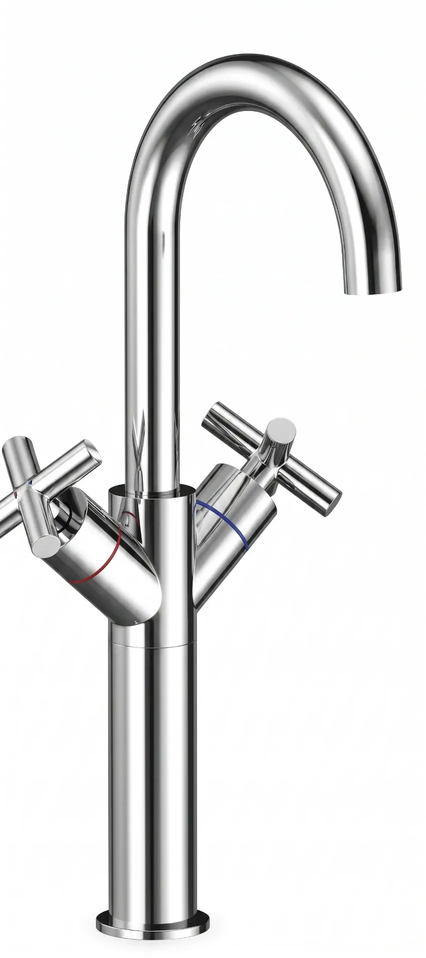 Robinet de lavabo sur plan Nino aspect chrome à bec haut avec poignées croisées doubles