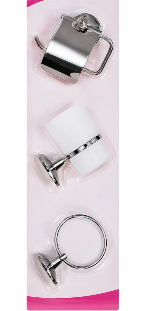 [219] Chrome-Look Bathroom Accessory Set with Towel Ring and Holders