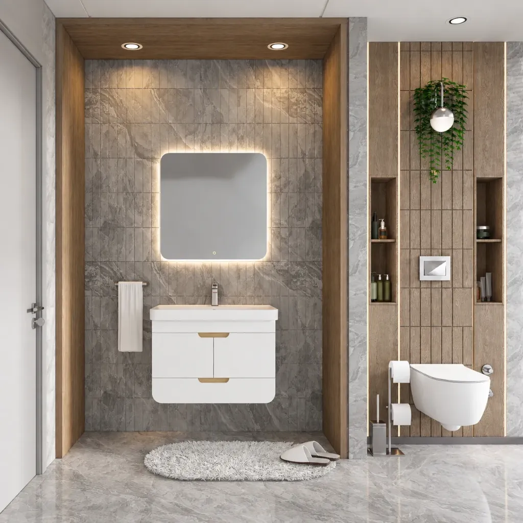 Gondol 80 cm White Ceramic Washbasin Bathroom Furniture Set with LED Mirror
