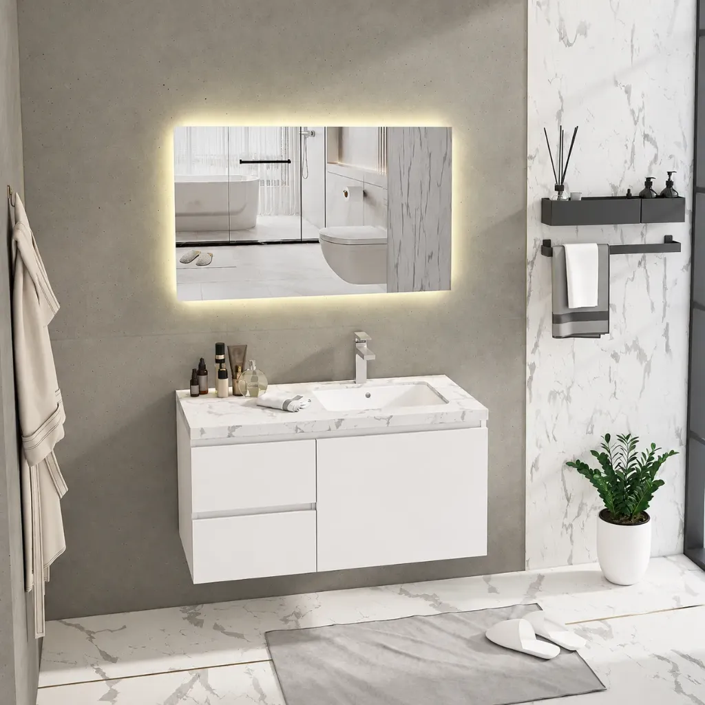 Ensemble de meubles de salle de bain Lima 100 cm blanc avec lavabo sous-plan et miroir LED