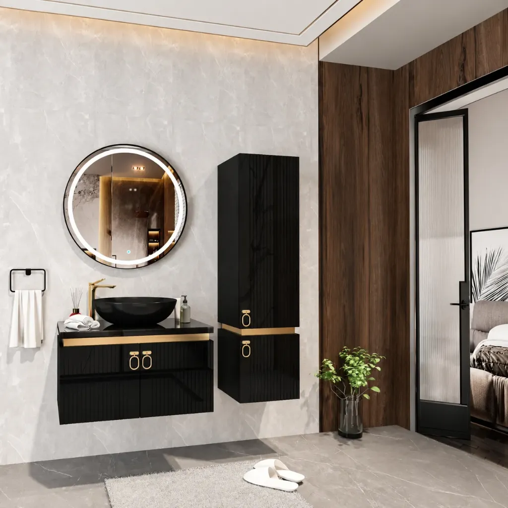 Ensemble de meubles de salle de bain Gunes/A 80 cm noir avec lavabo noir et miroir LED