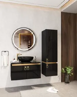 Gunes/A 80 cm Black Bathroom Furniture Set with Black Basin and LED Mirror