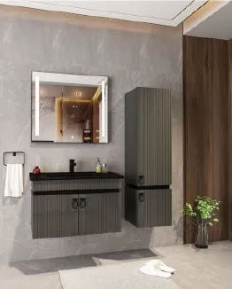 Gunes/B 80 cm Wall-Mounted Bathroom Furniture Set with Black Ceramic Sink and LED Mirror