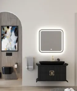 Ensemble meuble de salle de bain VISION 80 cm noir avec lavabo NOVA 70 et miroir LED