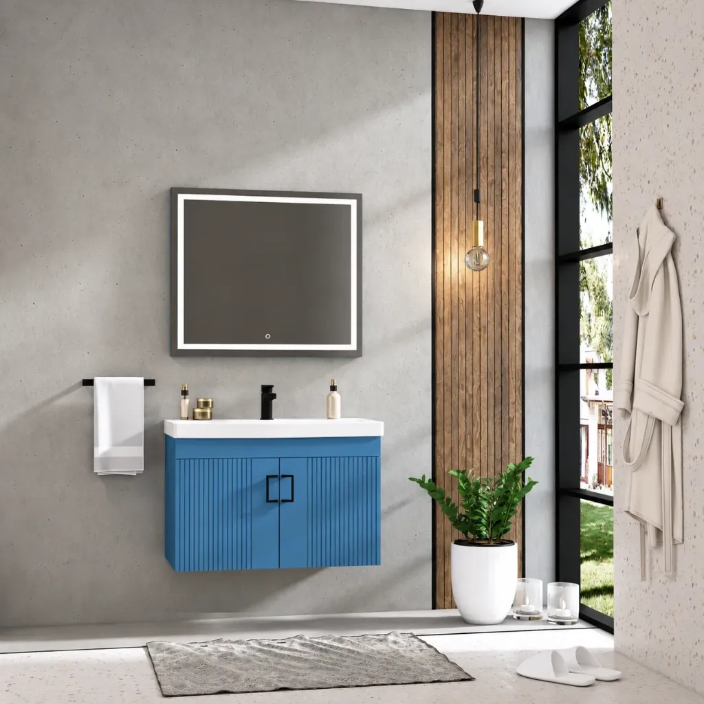 Lyra Lake Blue Wall-Mounted Bathroom Furniture with Grooved Front (80 cm)