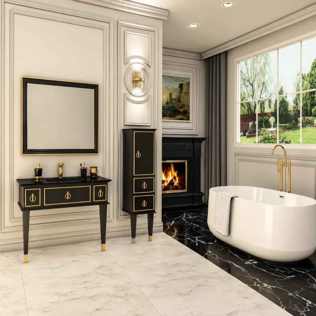 Mimosa/A Dark Drawer Bathroom Furniture Set with Glass Washbasin and Framed Mirror (100 cm)