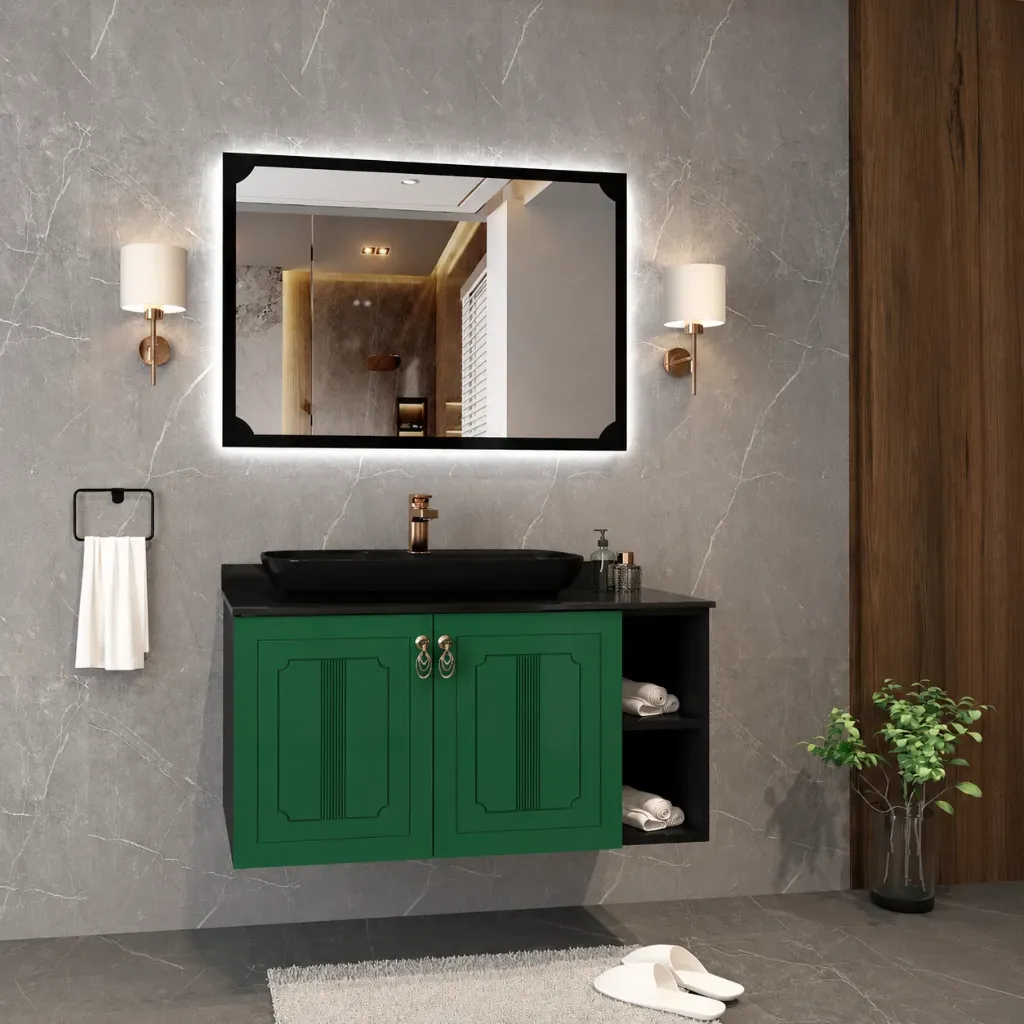 Violet 100 cm Green Wall-Mounted Bathroom Vanity Unit with Basin Sink and LED Mirror