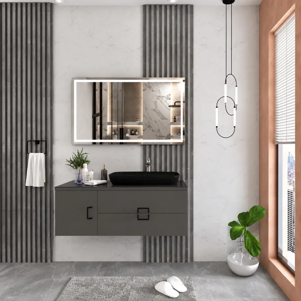 Magro/B 120 cm Bathroom Furniture Set with Black Nova 70 Washbasin and LED Mirror