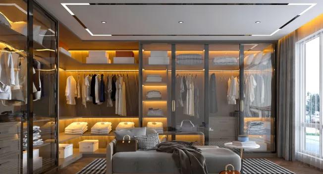 Dressing Room System 390 x 240 with Glass-Fronted Storage