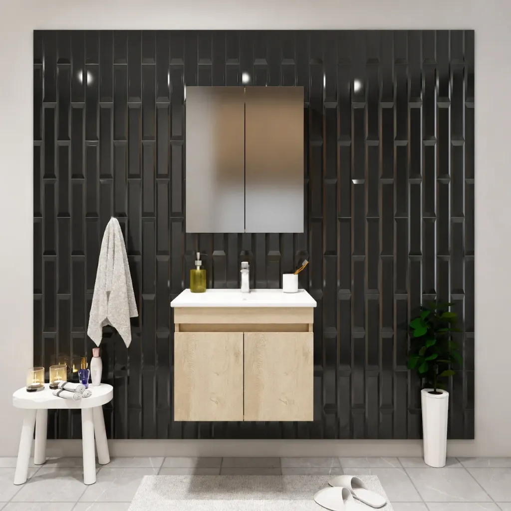 Arya/A Meuble de Salle de Bain en MDF Blanc Mural avec Lavabo en Céramique et Armoire Miroir