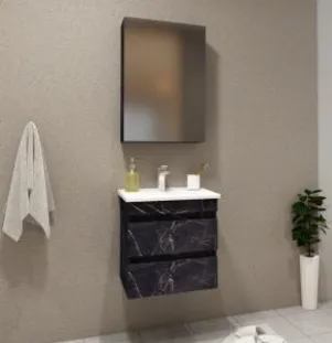 Ensemble de mobilier de salle de bain ARYA/C 50 cm avec lavabo en céramique, miroir et meuble tiroir foncé