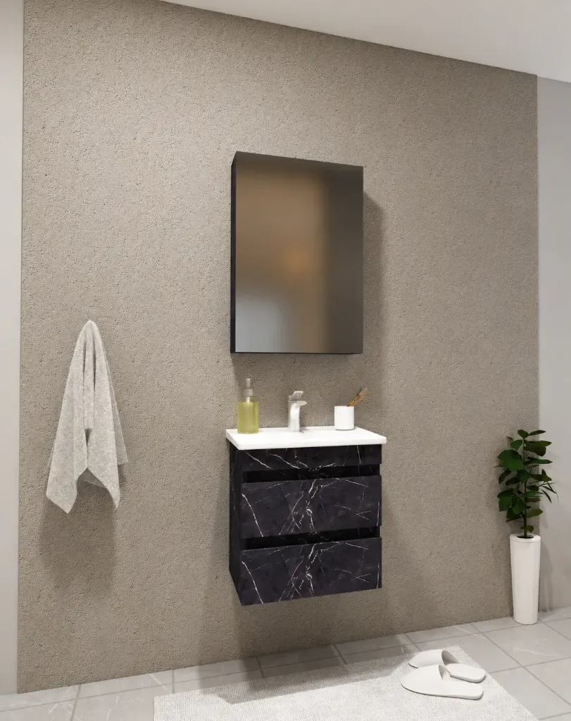 Ensemble de mobilier de salle de bain ARYA/C 50 cm avec lavabo en céramique, miroir et meuble tiroir foncé