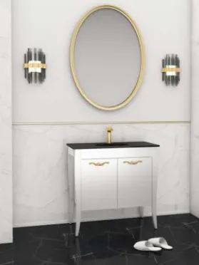 Ensemble de meubles de salle de bain Gold/B 80 cm laqué blanc avec vasque en verre et miroir encadré