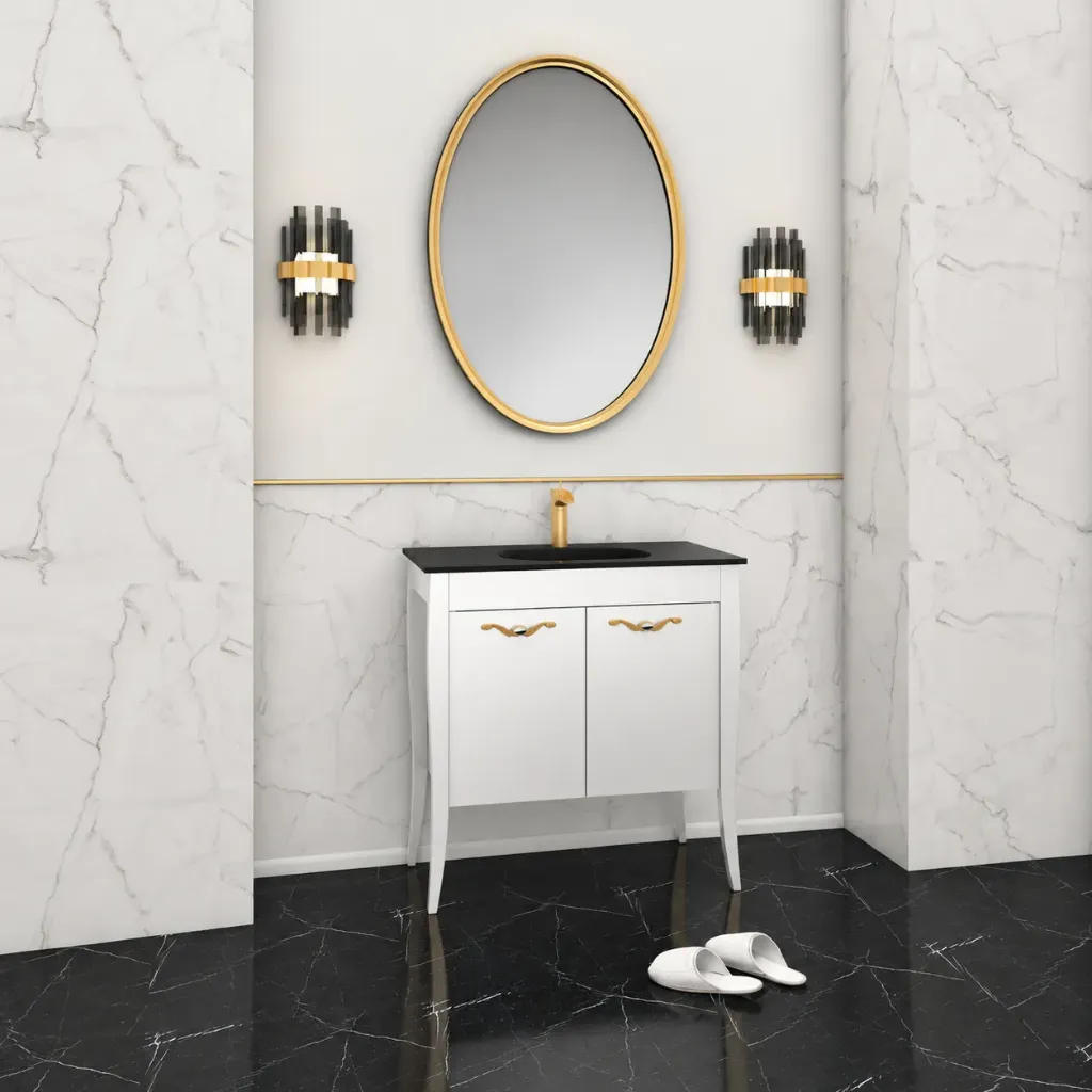 Gold/B 80 cm White Lacquered Bathroom Furniture Set with Glass Washbasin and Framed Mirror