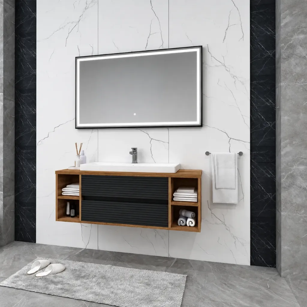 Ensemble de meubles de salle de bain Pinto 120 cm en MDF avec lavabo Sempre 85 et miroir LED
