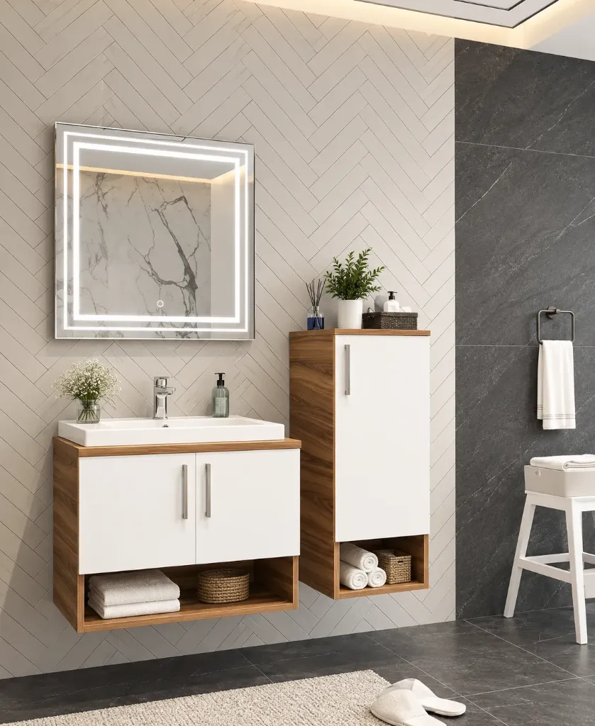 Mobilier de salle de bain Sempre blanc et aspect bois avec lavabo