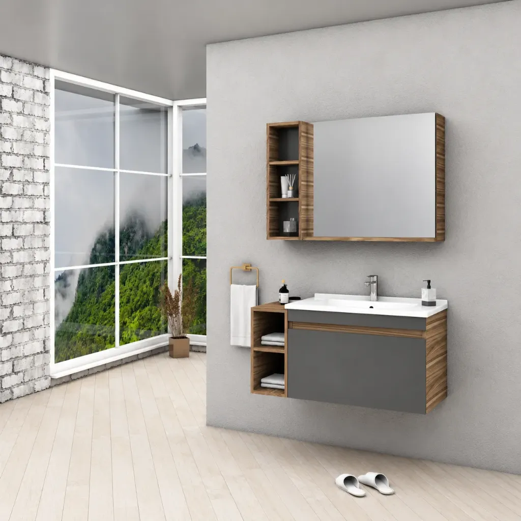 Ensemble de meuble de salle de bain VEGA/B 100 cm aspect bois gris avec vasque en céramique et armoire miroir