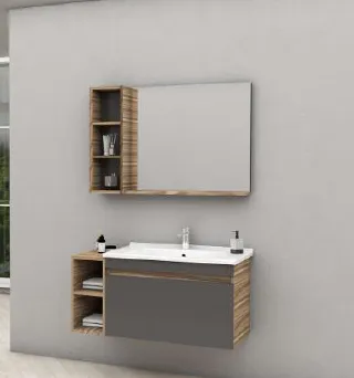 VEGA/B 100 cm Grey Wood-Look Bathroom Vanity Set with Ceramic Basin and Mirror Cabinet