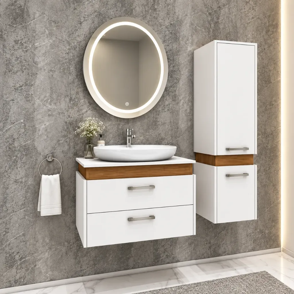 Nida 80 cm Acrylic Bathroom Furniture Set with Lal 60 Washbasin and LED Mirror