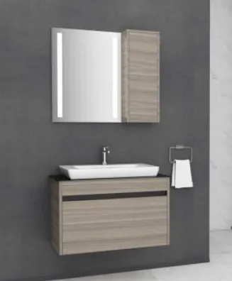 Ege 80 cm Light Wood-Look MDF Bathroom Furniture Set with Drawer and LED Mirror (A)