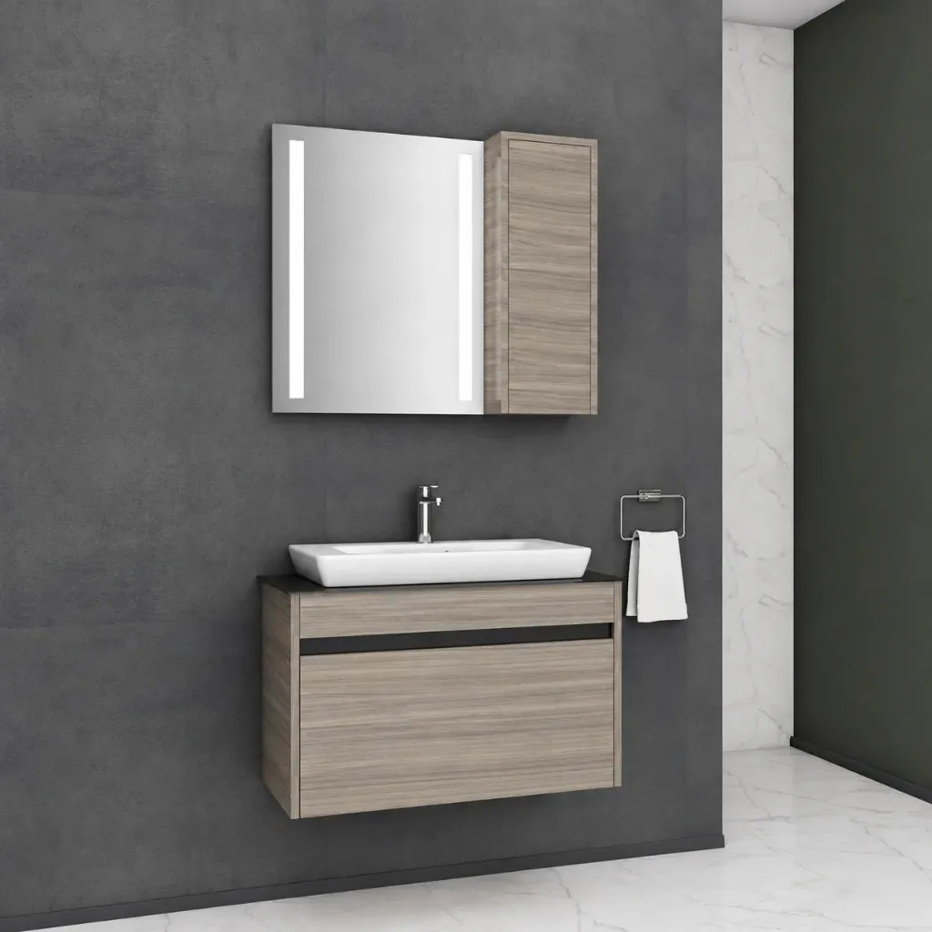 Ensemble de meubles de salle de bain Ege 80 cm en MDF aspect bois clair avec tiroir et miroir LED (A)