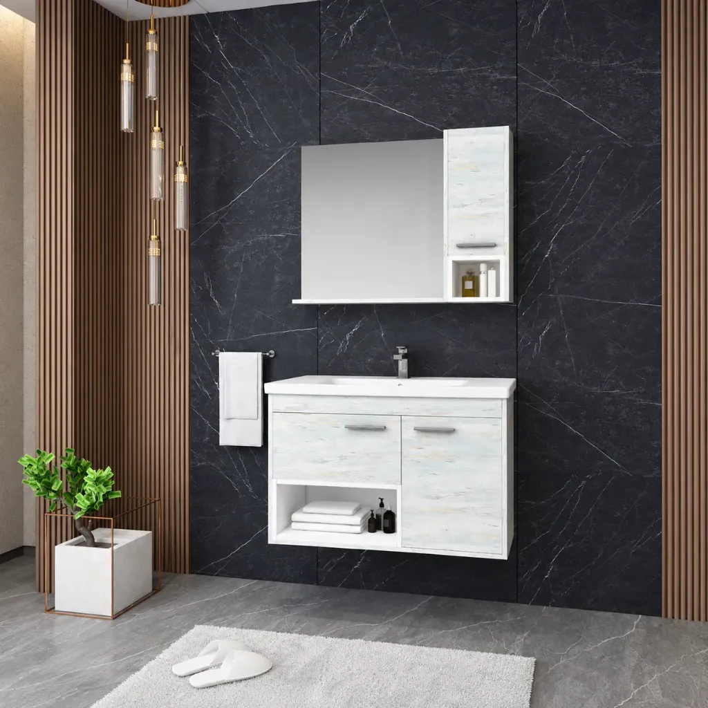 Helen Light Wood-Effect Wall-Mounted MDF Bathroom Furniture Set with Ceramic Sink and Mirror (80 cm)