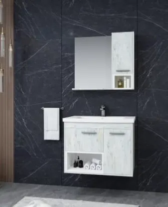 Helen Light Wood-Effect Wall-Mounted MDF Bathroom Furniture Set with Ceramic Sink and Mirror (80 cm)
