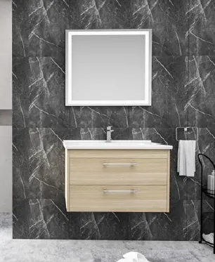 Ensemble de meubles de salle de bain Kayra aspect bois avec deux tiroirs, lavabo en céramique et miroir LED (80 cm)