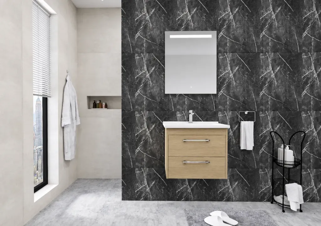 Kayra Wood-Look Two-Drawer Bathroom Furniture Set with Ceramic Sink and LED Mirror (80 cm)