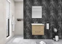 Ensemble de meubles de salle de bain Kayra aspect bois avec deux tiroirs, lavabo en céramique et miroir LED
