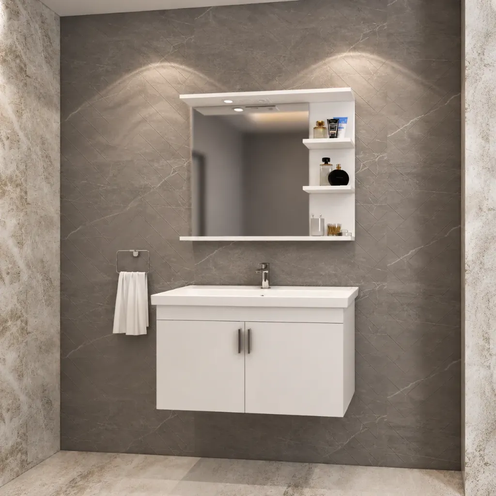 Gumus Light-Tone Wall-Mounted Bathroom Furniture with Ceramic Sink and Mirror Shelf (80 cm)