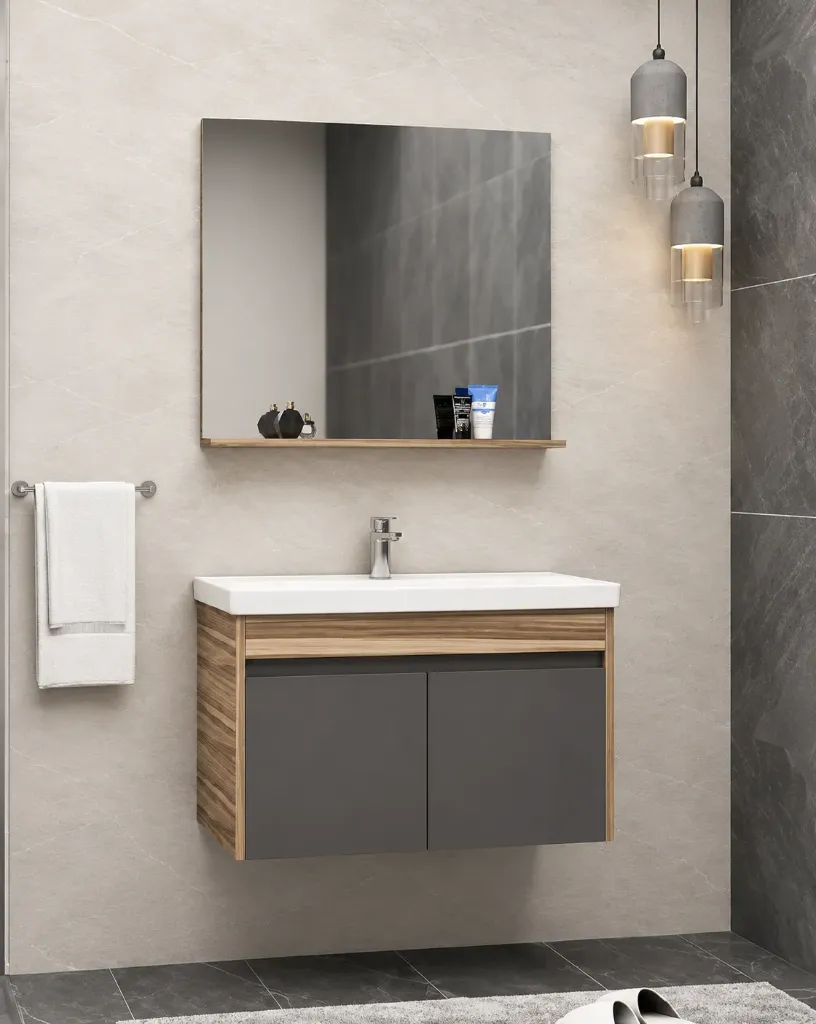Mobilier de salle de bain mural Eko blanc en MDF avec lavabo en céramique et miroir