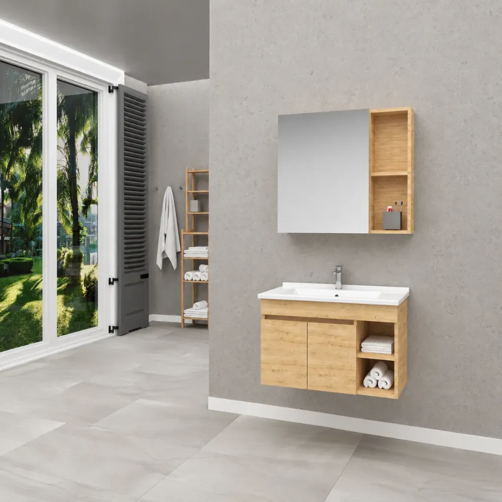 Meuble de salle de bain Oslo blanc en MDF mural avec lavabo en céramique et armoire miroir (80 cm)